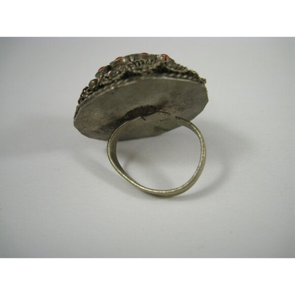 Vintage Silver Tone Ring Floral Glass Adjustable Fit Artisan Statement Size 6 - Picture 3 of 9